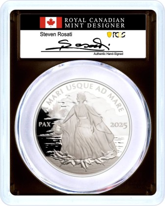 2025 $50 Canada 5 oz Proof Silver Peace Dollar PCGS PR70 DCAM First Day of Issue Rosati Signed Label