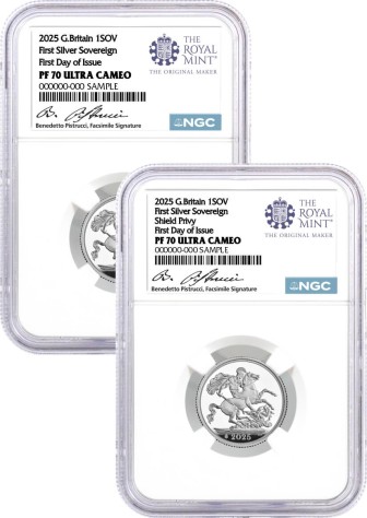 2025 G. Britain 1 Sov Silver Proof & Proof w/ Privy 2-Coin Set NGC PF70 UCAM First Day of Issue Pistrucci Facsimile with Display Case