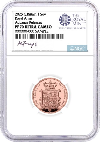 2025 G. Britain 1 Sovereign Rose Gold Proof Royal Arms NGC PF70 UCAM Advance Releases Jennings Signed 