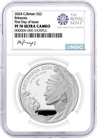 2024 G. Britain £2 1 oz Silver Proof Britannia NGC PF70 UCAM First Day of Issue Jennings Signed Royal Mint Label