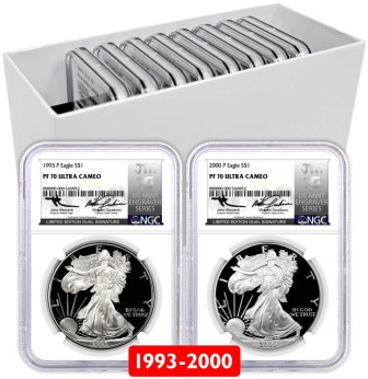1993-2000 P $1 1oz Proof Silver Eagle 8 Coin Set NGC PF70 UCAM Mercanti/Gaudioso Signed Limited Edition Dual Signature U.S. Mint Engraver Series with Coin Advisor 10 Slab Box