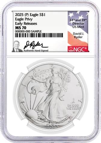 2025 (P) $1 1 oz Silver Eagle with Eagle Privy NGC MS70 Early Releases Ryder Signed Flag Label