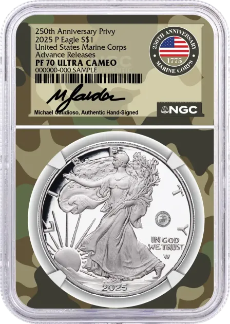 2025 P $1 1oz Silver Eagle 250th Anniversary United States Marine Corps Privy NGC PF70 UCAM Advance Releases Gaudioso Signed Marine Corps Camo Core with OGP