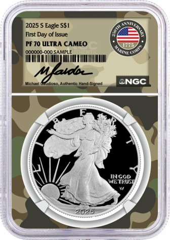 2025 S $1 1oz Proof Silver Eagle NGC PF70 UCAM First Day of Issue Gaudioso Signed Marine Corps Camo Core
