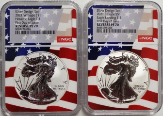 2021 WS $1 Silver Eagle T-1 & T-2 Reverse Proof 2-Coin Silver Design Set NGC Reverse PF70 First Day of Issue Flag Label and Core