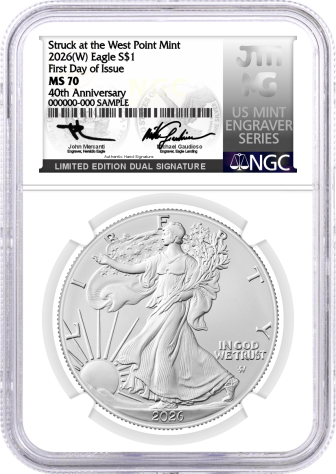 2026 (W) $1 1 oz Silver Eagle Struck at West Point NGC MS70 First Day of Issue Mercanti/Gaudioso Signed Limited Edition Dual Signature U.S. Mint Engraver Series