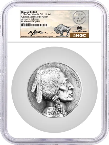 2026 5C 5 oz Buffalo Nickel Coming To Life NGC MS70 Antiqued Advance Releases Gaudioso Signed X-Mint Label