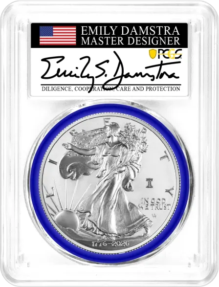 1776-2026 W $1 1 oz 250th Anniversary Liberty Bell Privy Enhanced Uncirculated Silver Eagle PCGS SP70 Advanced Release Damstra Signed Mint Designer Series with Bonus 1776 Display Case