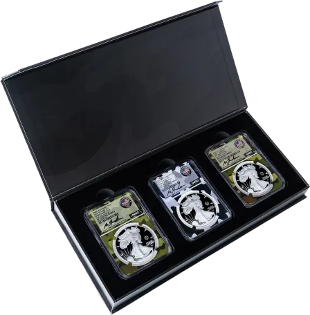 2025 WSP $1 1 oz  Proof Silver Eagle Army Navy Marine Corps Privy 3-Coin Set NGC PF70 UCAM First Day of Issue Gaudioso Signed Camo Core with 1775 Display Case