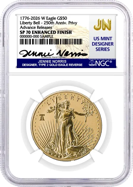 1776-2026 W $50 1 oz 250th Anniversary Liberty Bell Privy Enhanced Uncirculated Gold Eagle NGC MS70 Advance Releases Norris Signed U.S. Mint Designer Series with Bonus 1776 Display Case