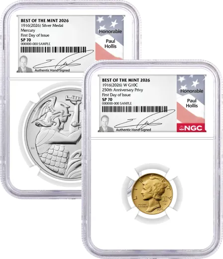 1916(2026) W 10C 24K Gold Mercury Dime with Liberty Bell Privy + Companion Silver Medal Best of the Mint NGC SP70 FDOI Hollis Signed Flag Label with Bonus 1776 2-Coin Display Case
