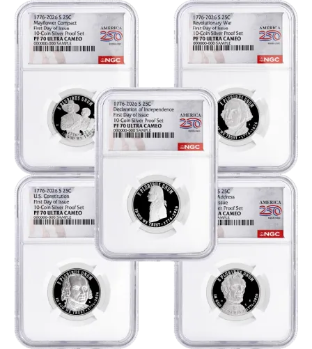2026 S Semiquincentennial Silver Proof Set 5-Quarter Set NGC PF70 UCAM First Day of Issue America250™ Label #2