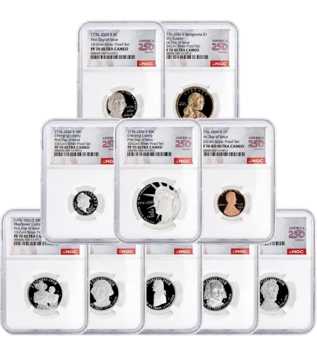 2026 S Semiquincentennial Silver Proof 10-Coin Set NGC PF70 UCAM First Day of Issue America250™ Label #2 with Coin Advisor 10-Slab Box