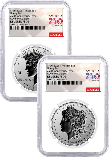 1776-2026 P $1 Reverse Proof Silver Morgan Dollar and Peace Dollar 2-Coin Set NGC Reverse PF70 Advance Releases America250™ Label with Bonus 1776 2-Coin Display Case