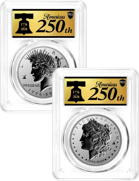1776-2026 P $1 Reverse Proof Silver Morgan Dollar and Peace Dollar 2-Coin Set PCGS Reverse PR70 Advanced Release America's 250th Gold Label with Bonus 1776 2-Coin Display Case