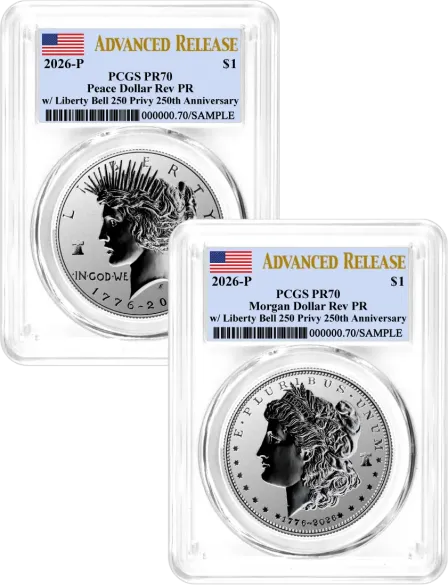 1776-2026 P $1 Reverse Proof Silver Morgan Dollar and Peace Dollar 2-Coin Set PCGS Reverse PR70 Advanced Release Flag Label with Bonus 1776 2-Coin Display Case