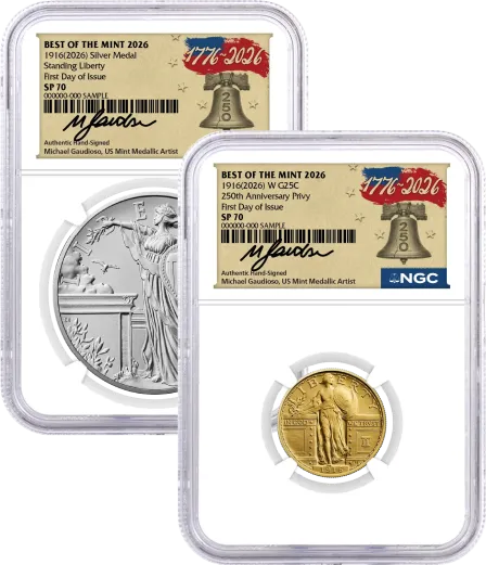 1916(2026) W 25C 24K Gold Standing Liberty Quarter with Liberty Bell Privy + Companion Silver Medal Best of the Mint NGC SP70 FDOI Gaudioso Signed 1776 Freedom Label with Bonus 1776 2-Coin Display Case