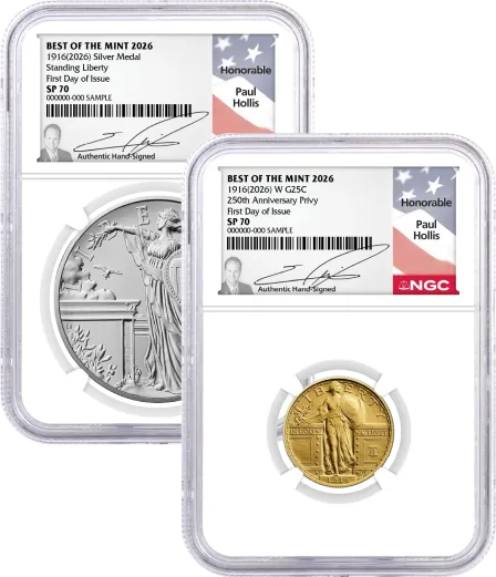 1916(2026) W 25C 24K Gold Standing Liberty Quarter with Liberty Bell Privy + Companion Silver Medal Best of the Mint NGC SP70 FDOI Hollis Signed Flag Label with Bonus 1776 2-Coin Display Case