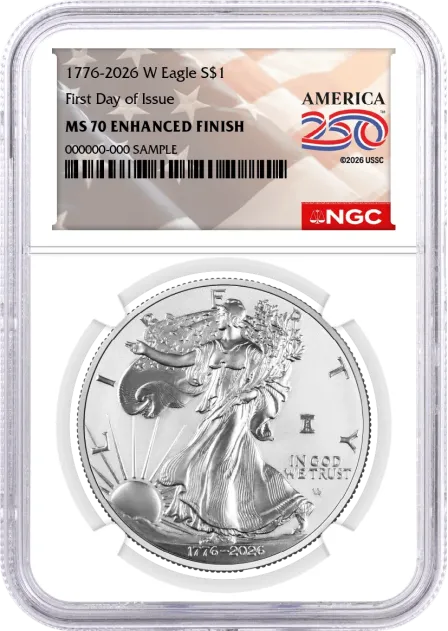 1776-2026 W $1 1 oz 250th Anniversary Liberty Bell Privy Enhanced Uncirculated Silver Eagle NGC MS70 First Day of Issue America250™ Label