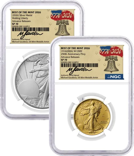 1916(2026) W 50C 24K Gold Walking Liberty Half Dollar with Liberty Bell Privy + Companion Silver Medal Best of the Mint NGC SP70 Advance Releases Gaudioso Signed 1776 Freedom Label with Bonus 1776 2-Coin Display Case