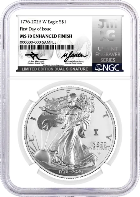 1776-2026 W $1 1 oz 250th Anniversary Liberty Bell Privy Enhanced Uncirculated Silver Eagle NGC MS70 First Day of Issue Mercanti/Gaudioso Signed Limited Edition Dual Signature U.S. Mint Engraver Series with Bonus 1776 Display Case