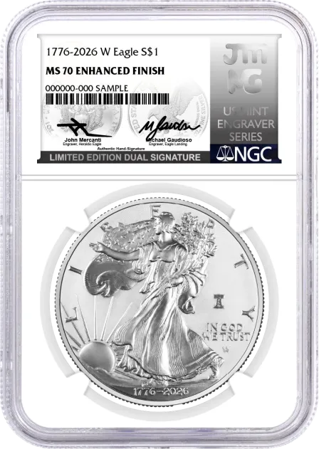 1776-2026 W $1 1 oz 250th Anniversary Liberty Bell Privy Enhanced Uncirculated Silver Eagle NGC MS70 Mercanti/Gaudioso Signed Limited Edition Dual Signature U.S. Mint Engraver Series