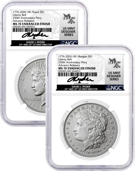 1776-2026 (W) $1 Enhanced Uncirculated Silver Morgan Dollar & Peace Dollar 2-Coin Set NGC MS70 Advance Releases Ryder Signed US Mint Designer Series with Bonus 1776 2-Coin Display Case