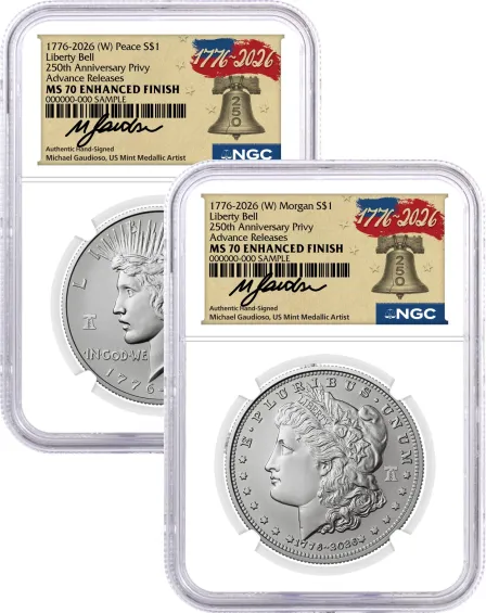 1776-2026 (W) $1 Enhanced Uncirculated Silver Morgan Dollar & Peace Dollar 2-Coin Set NGC MS70 Advance Releases Gaudioso Signed 1776 Freedom Label with Bonus 1776 2-Coin Display Case