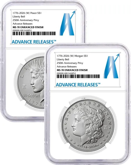 1776-2026 (W) $1 Enhanced Uncirculated Silver Morgan Dollar & Peace Dollar 2-Coin Set NGC MS70 Advance Releases A Label