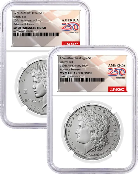 1776-2026 (W) $1 Enhanced Uncirculated Silver Morgan Dollar & Peace Dollar 2-Coin Set NGC MS70 Advance Releases America250™ Label