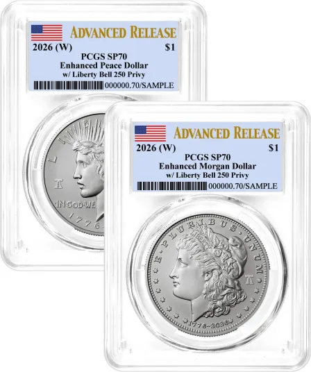 1776-2026 (W) $1 Enhanced Uncirculated Silver Morgan Dollar & Peace Dollar 2-Coin Set PCGS SP70 Advanced Release Flag Label