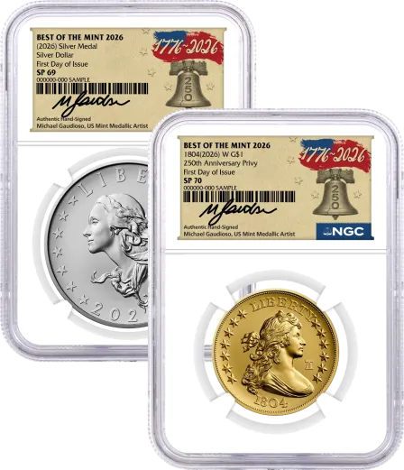 1804(2026) Best of the Mint W $1 Silver Dollar 24K Gold Coin with Liberty Bell Privy NGC SP70 + Companion Silver Medal SP69 First Day of Issue Gaudioso Signed 1776 Freedom Label with Bonus 1776 2-Coin Display Case