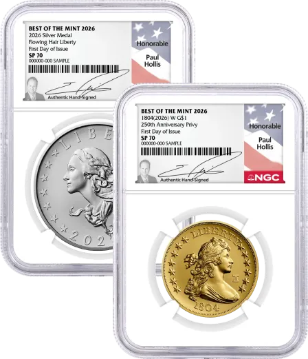 1804(2026) W $1 Silver Dollar 24K Gold Coin with Liberty Bell Privy + Companion Silver Medal Best of the Mint NGC SP70 FDOI Hollis Signed Flag Label with Bonus 1776 2-Coin Display Case