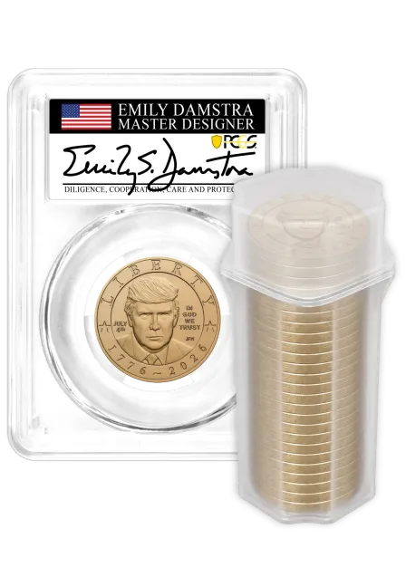 1776-2026 $1 Semiquincentennial Donald J. Trump July 4th Privy PCGS MS66 Advanced Release Damstra Signed Flag Label with Bonus 1776 Display Case + 25-Coin Non-Privy Roll