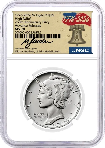 1776–2026 W Burnished Palladium Eagle High Relief 250th Anniversary Liberty Bell Privy NGC MS70 Advance Releases Gaudioso Signed 1776 Freedom Label with Bonus 1776 Display Case
