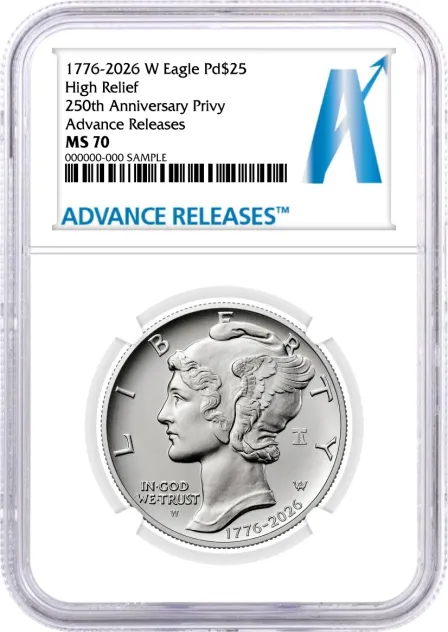 1776–2026 W Burnished Palladium Eagle High Relief 250th Anniversary Liberty Bell Privy NGC MS70 Advance Releases A Label