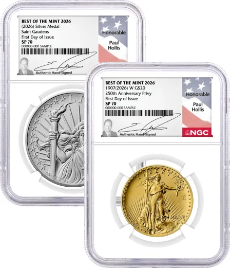 1907(2026) W 24K Gold Saint-Gaudens $20 Coin with Liberty Bell Privy + Companion Silver Medal Best of the Mint NGC SP70 First Day of Issue Hollis Signed Flag Label with Bonus 1776 2-Coin Display Case
