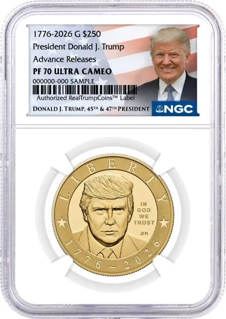 2026 W 24K Gold Proof Semiquincentennial Donald J. Trump NGC PF70 UCAM Advance Releases Trump Flag Label