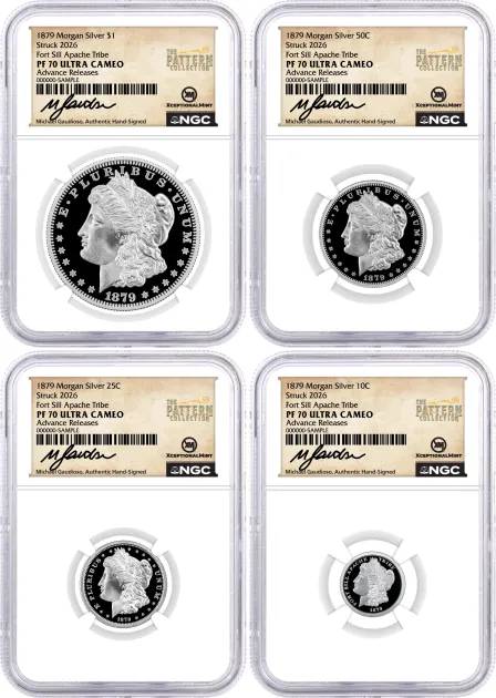 1879(2026) Morgan Pattern 4-Coin Set NGC PF70 UCAM Advance Releases Gaudioso Signed The Pattern Collection Label
