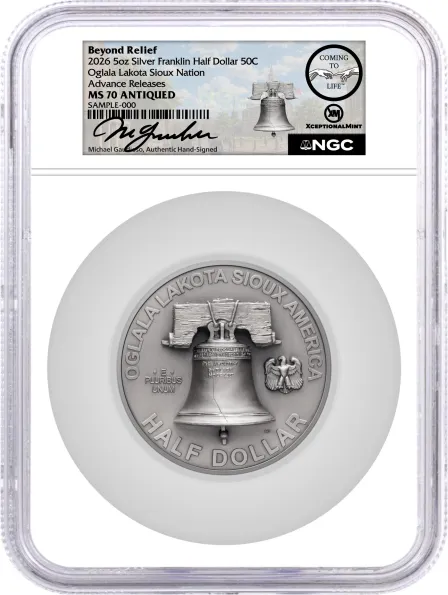 2026 50C 5 oz Franklin Half Dollar Coming To Life NGC MS70 Antiqued Advance Releases Gaudioso Signed X-Mint Label