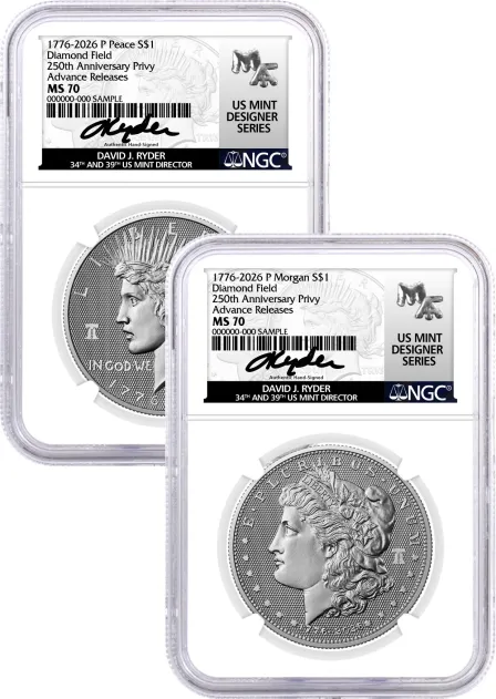 1776-2026 P $1 Diamond Field Silver Morgan Dollar & Peace Dollar 2-Coin Set NGC MS70 Advance Releases Ryder Signed US Mint Designer Series