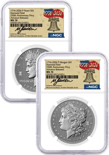 1776-2026 P $1 Diamond Field Silver Morgan Dollar & Peace Dollar 2-Coin Set NGC MS70 Advance Releases Gaudioso Signed 1776 Freedom Label