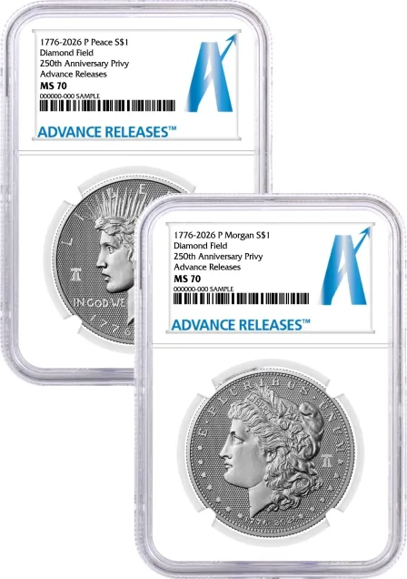 1776-2026 P $1 Diamond Field Silver Morgan Dollar & Peace Dollar 2-Coin Set NGC MS70 Advance Releases A Label