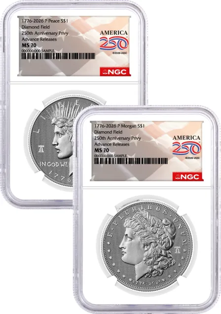 1776-2026 P $1 Diamond Field Silver Morgan Dollar & Peace Dollar 2-Coin Set NGC MS70 Advance Releases America250™ Label