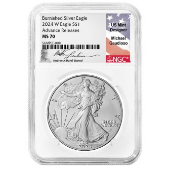 2024 W $1 1 oz Burnished Silver Eagle NGC MS70 Advance Releases Gaudioso Signed Flag Label