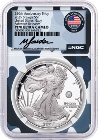 2025 S $1 1oz Silver Eagle 250th Anniversary United States Navy Privy NGC PF70 UCAM Advance Releases Gaudioso Signed Navy Camo Core with OGP