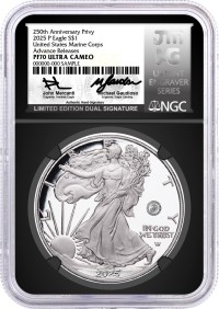 2025 P $1 1oz Silver Eagle 250th Anniv U.S. Marine Corps Privy NGC PF70 UCAM Advance Releases Mercanti/Gaudioso Signed Limited Edition Dual Signature Mint Engraver Series Black Core with OGP