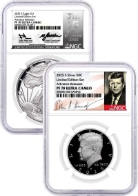 2025 S Limited Edition Silver Proof Set Kennedy NGC PF70 UCAM AR Facsimile Label and Silver Eagle NGC PF70 UCAM AR Mercanti/Gaudioso Signed Limited Edition Dual Signature Mint Engraver Series with 6 Coin Bonus in OGP