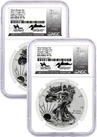 2021 WS $1 Silver Eagle T-1 & T-2 Reverse Proof 2-Coin Silver Design Set NGC Reverse PF70 First Day of Issue Mercanti/Gaudioso Signed Limited Edition Dual Signature U.S. Mint Engraver Series