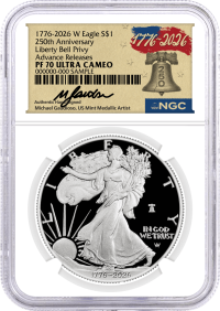 1776-2026 W $1 1 oz 250th Anniversary Liberty Bell Privy Proof Silver Eagle NGC PF70 UCAM Advance Releases Gaudioso Signed 1776 Freedom Label